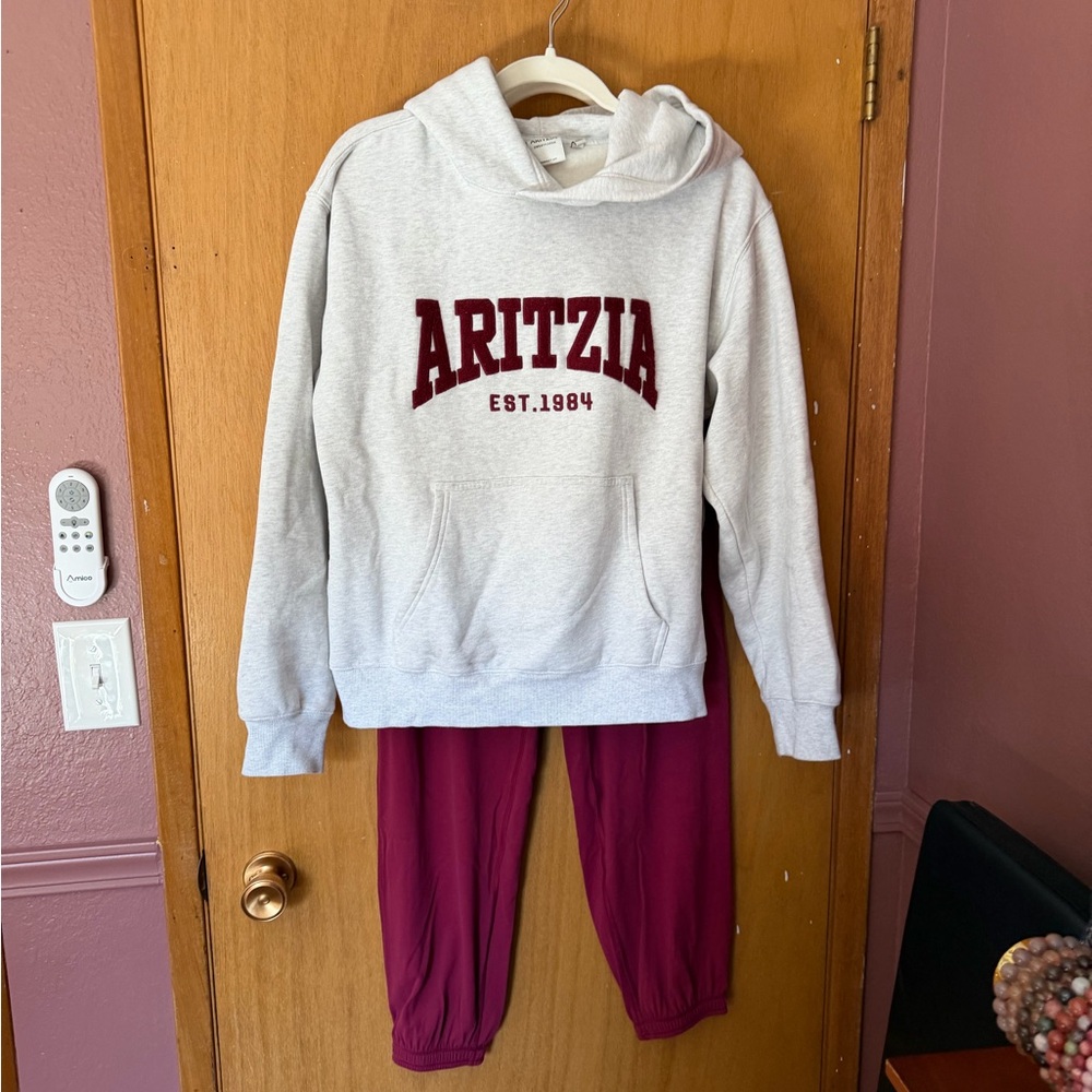 Aritzia Gray Hoodie with Burgundy Joggers Set